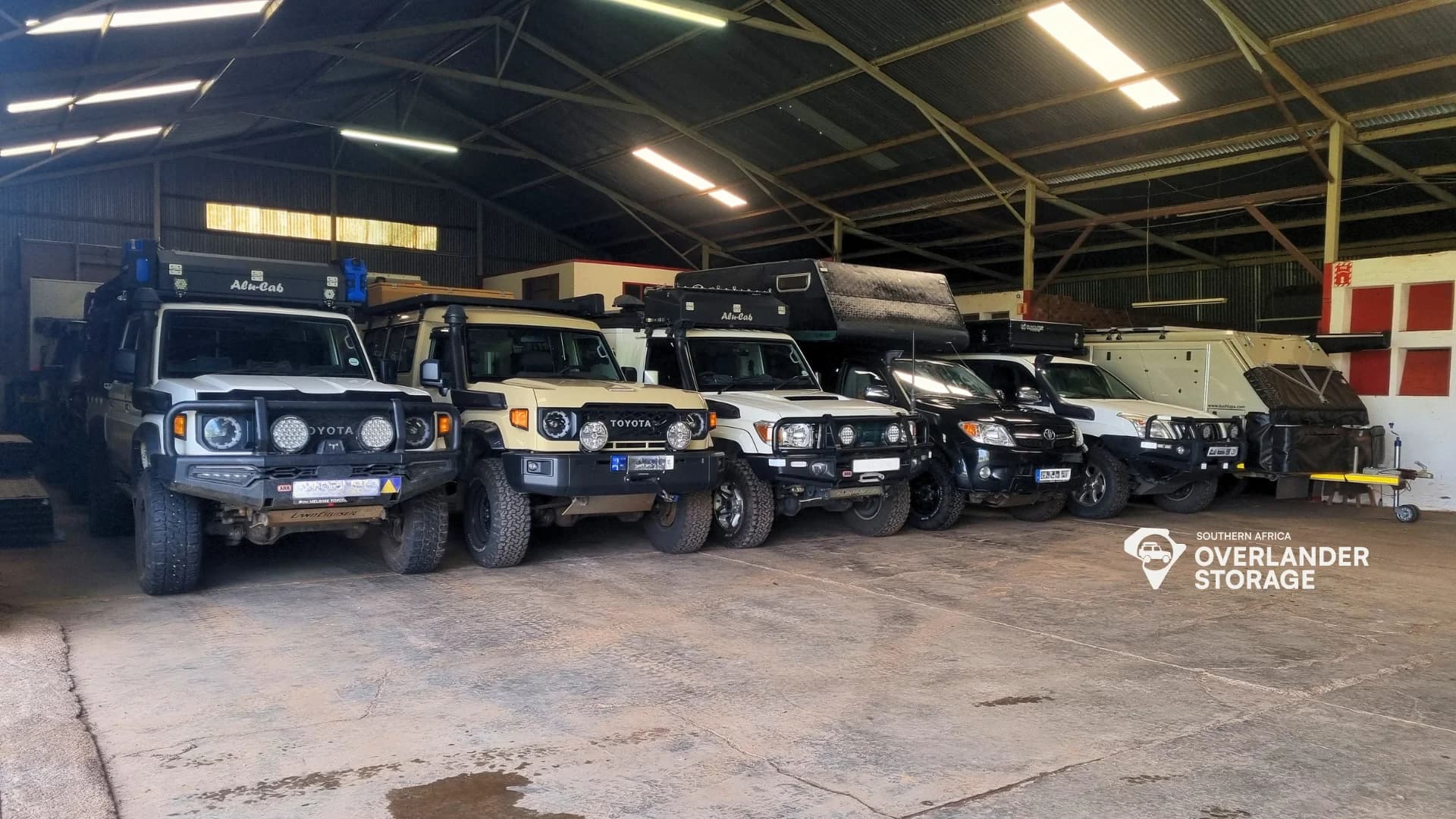 Vehicles lined up inside the SAOS hangar